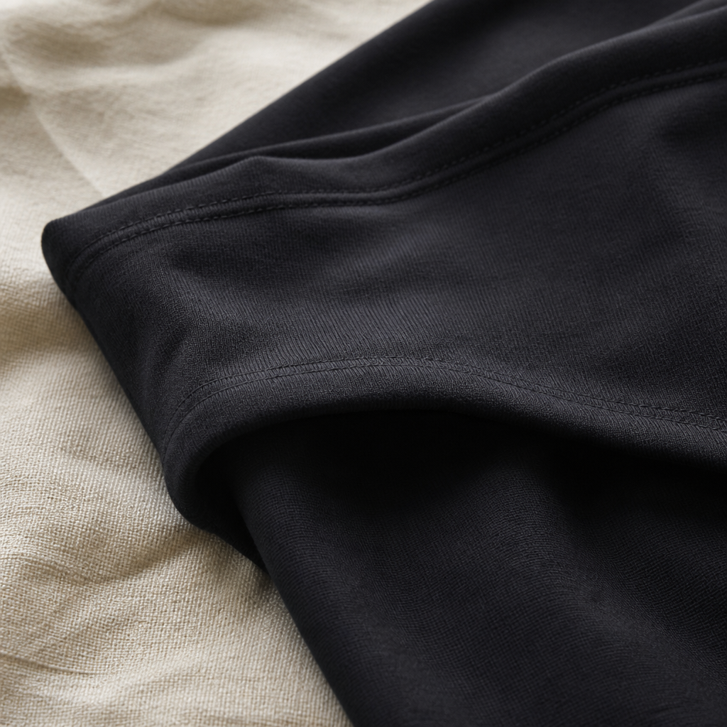 Detalje af glatstrikket sort bambusviskose i BambooNordic leggings