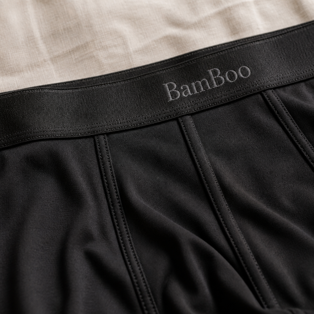 Detalje af sort bambusviskose og linning på BambooNordic underbukser